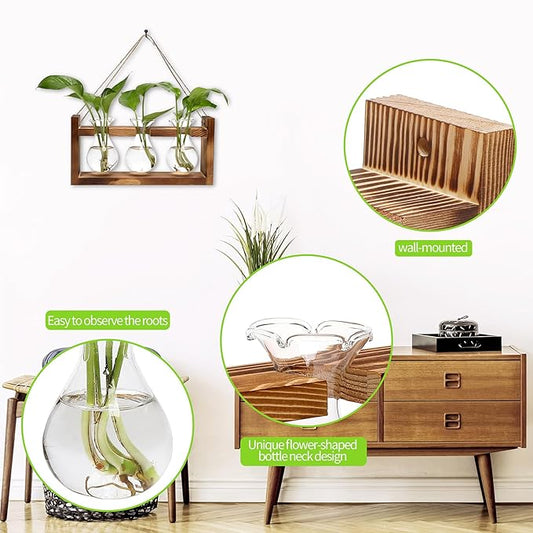 Plant Propagation Station Plant Terrarium Unique Birthday Gifts for Women Home Office Decor Planter with Wooden Stand - 3 Bulb Glass Vase