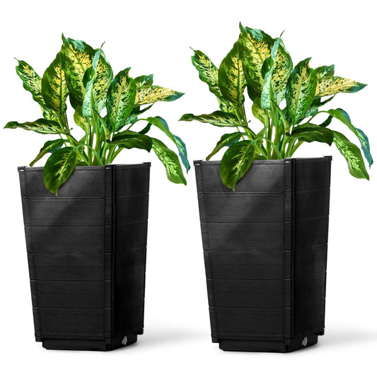 Vasitelan Set of 2 Resin Modern Outdoor 22 Inch Tall Large Flower Pots, Tapered Wood Look Planters for Outdoor Plants and Front Porch Decor