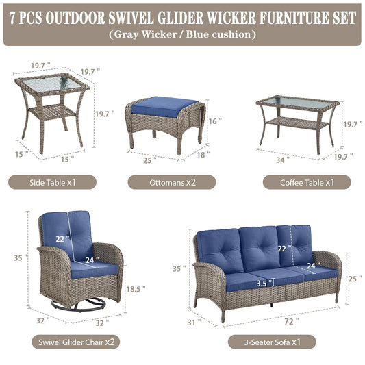 Belord Wicker Outdoor Furniture Set - 7 Piece Patio Conversation Sets with Comfort Swivel Rocker Glider Chairs Set of 2 & Rattan Sofa, Tempered Glass Coffee Table & Side Table Gray/Blue