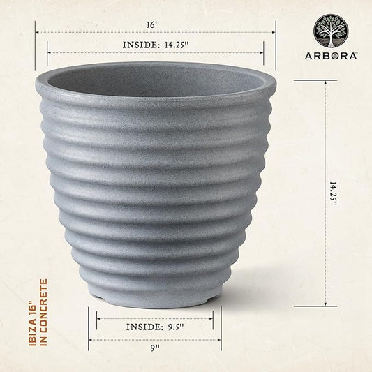 ARBORA 16" Ibiza Polyresin Indoor and Outdoor Planter with Stone Blend Concrete Gray Finish - Durable, Weatherproof, Lightweight, Large Plant Pot for Patio, Garden, Deck, Entryway