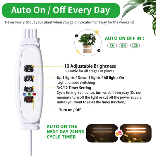 Two Strip Growing Lamp 2-Pack for Indoor Plants, 3500K Full Spectrum LED Grow Light Strips with Auto ON/Off 3/9/12H Timer & 10 Dimmable Levels for Green House Succulent (2 Head×2 Pack)