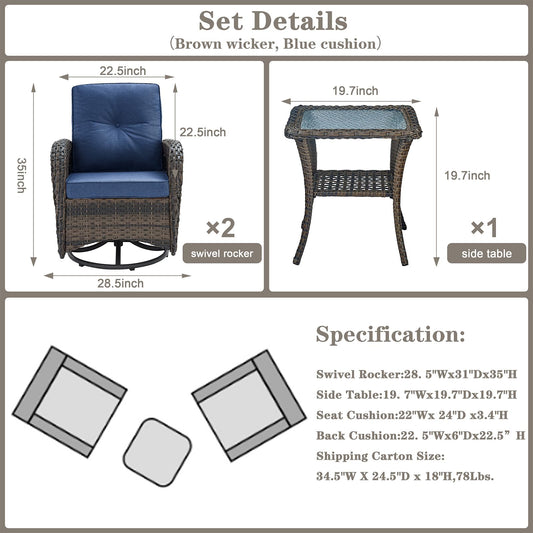 Belord Patio Wicker Chairs Swivel Rocker - Outdoor Swivel Rocking Chairs Set of 2 with Rattan Side Table, Patio Swivel Glider Chair 3 Piece Patio Furniture Sets for Deck Porch Pool Brown/Blue