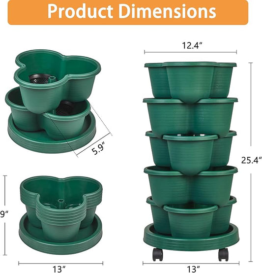VECELO 5 Tier Vertical Garden Planter, Self Watering Stackable Planters with Wheels for Strawberries, Herbs, Flowers, Vegetables, Dark Green