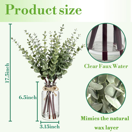 Artificial Eucalyptus Stems in Glass Vase with Faux Water, 17.5" Sage Green