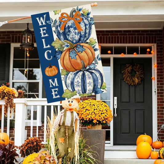 Baccessor Fall Welcome Pumpkin House Flag 28x40 Inch Double Sided,Autumn Thanksgiving Day Blue and White Porcelain Outside Outdoor Seasonal Burlap Large Garden Flags Home Yard Porch Patio Decoration