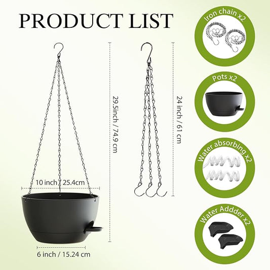 SQKH 10 Inch Hanging Baskets 2 PC with Chains, Self-Watering Hanging Planters for Indoor Outdoor Plants, Plastic Hanging Flower Pots,Black