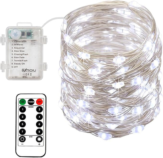 4 x Fairy Lights Battery Operated, Silver Wire Chains 8 Mode 5M 50 LEDs Timer String Lights with Remote Control for Bedroom Christmas Party Wedding Decoration