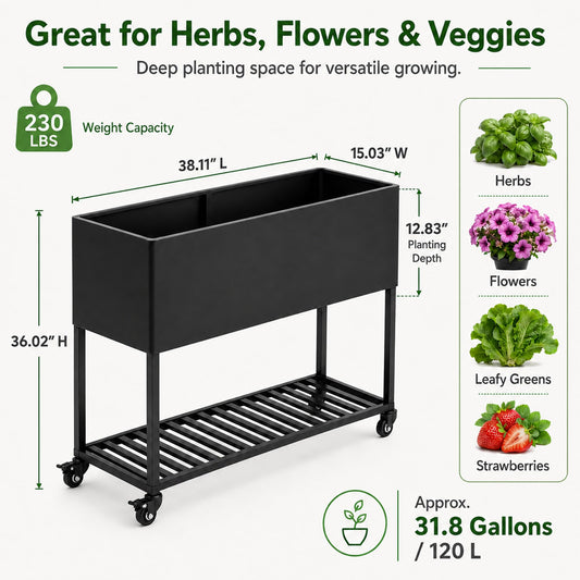 Raised Garden Bed with Wheels, 38" Metal Raised Planter Box with Legs