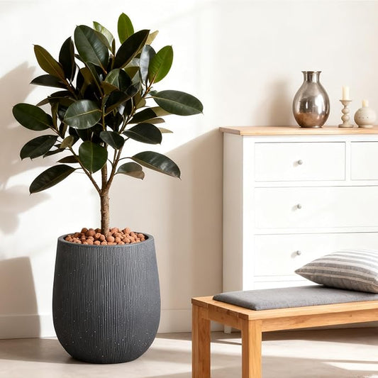 Worth Garden Dark Gray Round Planter, 9" Dia x 13" H Lightweight Magnesium Oxide Cement Plant Pot with a Striped Textured Finish, Raised Pattern Concrete Look, Drainage Hole, Indoor & Outdoor Use