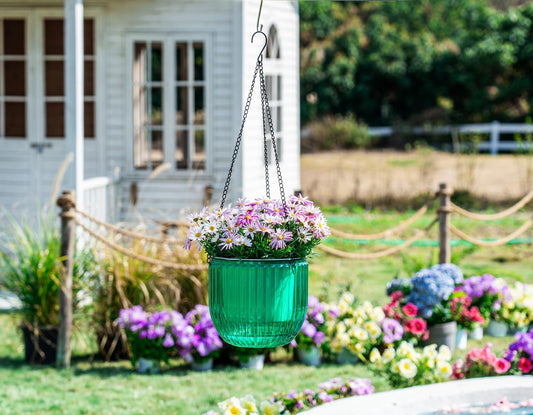 Melphoe 2 Pack Self Watering Hanging Planters Indoor Flower Pots, 8.3 Inch Outdoor Hanging Basket, Plant Hanger with 3Hooks Drainage Holes for Garden Home (Emerald)