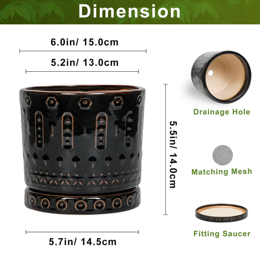 Eightpot 6 Inch Plant Pot, Ceramic Pots for Plants with Drainage Hole and Saucer, Round Planter for Indoor Outdoor Plants, Modern Decorative Flower Pots, Bedroom Decor, Gifts for Plant Lovers, Black