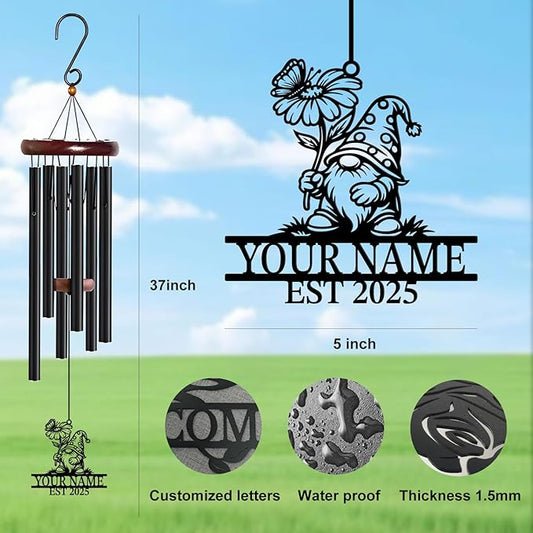 Personalized Customize Name Gnome Wind Chime, Metal Iron 37 Inch Outdoor Memorial Gift for Garden Yard Patio Home Decor, Black,Christmas (Style A)