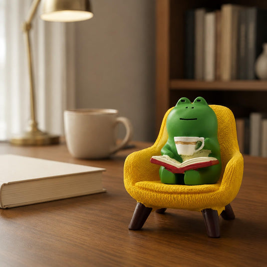 Edyocey Frog in Chair Figurine, Reading Book Resin Statue, Fairy Garden Decor, Mini Desk Accessories Gift for Cat Lovers (Yellow Coffee)
