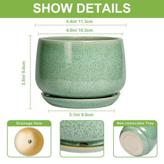 G EPGardening Ceramic Plant Pot - 4 inch Plant Pots with Drainage Hole & Saucer, Small Pots for Plant Indoor Outdoor, Modern Round Planter, Decorative Flower Pot, Room Decor, House Warming Gift, Green