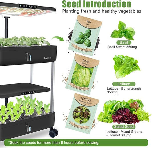 44-Pod Indoor Hydroponic Growing System + 3 Free Seeds Starter Kit (Lettuce, Salad Mixed, Basil Seeds) – Dual 53W Full-Spectrum LED, 10-L Water Tank, 2-Tier Grow Pods (44 Pods)