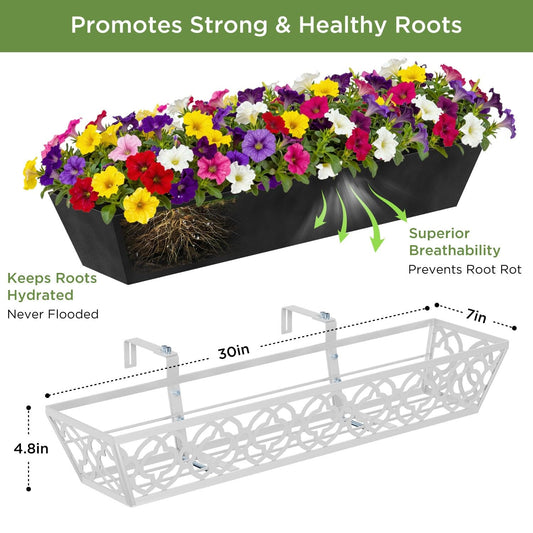 HFHOME 2 Pack 30 Inch Railing Planter Boxes with Adjustable Brackets & Non-Woven Fabric Liner Adjustable Gray Metal Window Box Planter for Balcony Deck Fence, Hanging Flower Basket for Outdoor Garden
