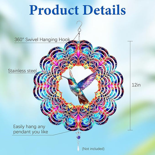 Hummingbird Wind Spinner 12" Metal, Hummingbird Gifts for Women Mom Wife Grandma, Outdoor Indoor Hanging Ornament for Garden Porch Backyard Lawn, Gift for Birthday Thanksgiving Christmas