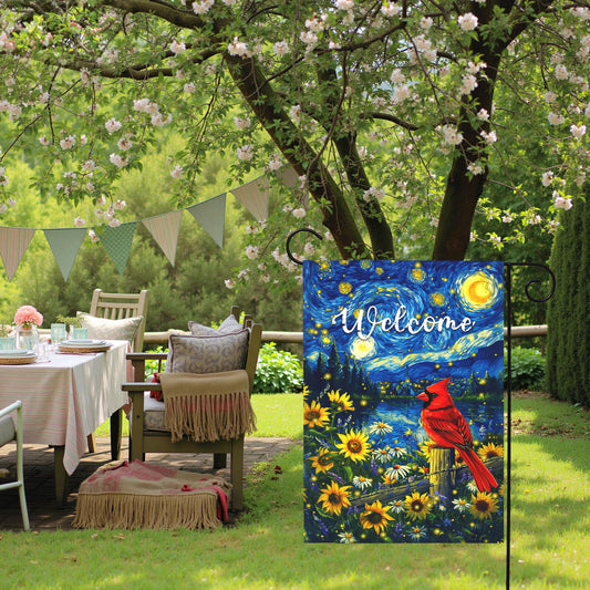 Dacawin Summer Cardinal Garden Flag Sunflower Floral Starry Night House Banner Red Cardinal Bird Welcome Yard Flags Artistic Night Sky Lake Scene Double Sided Farmhouse Porch Patio Lawn 12x18 Inch