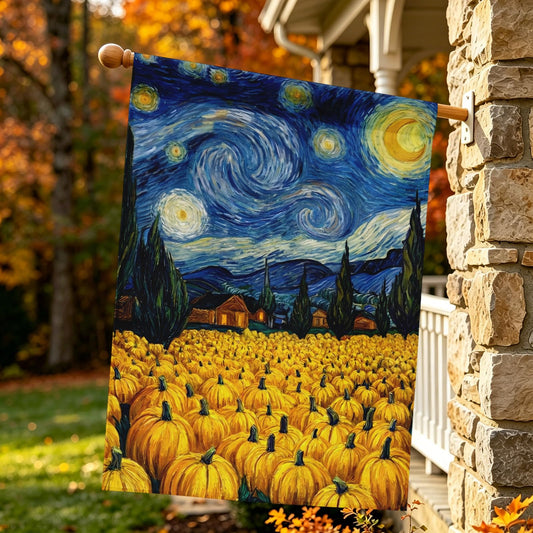 Dacawin Large Fall Pumpkin Patch Garden Flag Autumn Harvest House Banner Van Gogh Inspired Starry Night Style Pumpkin Farm Field Yard Flags Rustic Seasonal Double Sided Welcome Banner 28x40 Inch