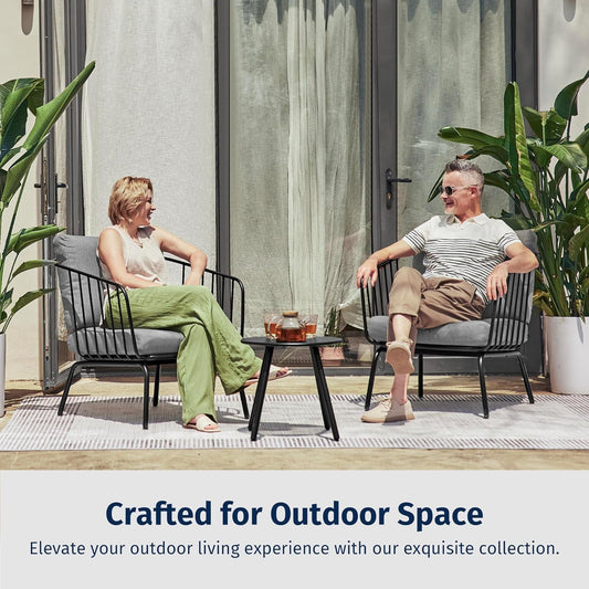 East Oak 3-Piece Plaza Patio Furniture Set, Outdoor Furniture with Thick Cushion Sofa and Coffee Table, Outdoor Bistro Set for 2, Small Space, Modern Patio Conversation Set for Balcony, Brown & Beige
