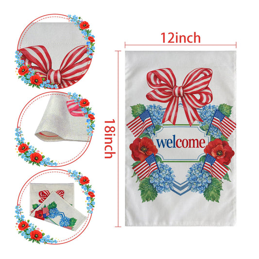 4th of July Decorations - Patriotic Welcome Garden Flag | Fourth of July Floral Wreath Bow Double Sided Banner | 250th Anniversary Accessories Outdoor Outside Decor for Garden Yard Porch Patio Lawn
