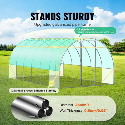 Happybuy 19.4x9.7x7.4 ft Walk-in Tunnel Greenhouse, Galvanized Steel Frame, Green PE Cover, Swing Door, 12 Roll-up Windows, Outdoor Plant Hot House