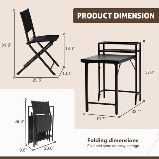 3 Piece Patio Bistro Set, Foldable Table Chairs Outdoor Furniture for Balcony Deck Backyard, Small Space Apartment Patio Conversation Set, Rust Resistant Steel Frame, No Assembly Required, Black