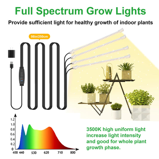 13 Inches Plant Growing Lamp Strips, Full Spectrum LED 3500K Grow Light for Indoor Plants with 3/9/12H Timer and 10 Dimmable Levels for Green House Hydroponics Succulent and Shelf, 4 Head 2 Pack