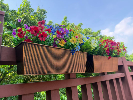 JFMAMJ Metal Railing Planter, 16 Inch Rectangular Window Box with Adjustable Brackets, Drainage Holes, for Balcony Deck, 4 Pack (Retro, Rectangular)