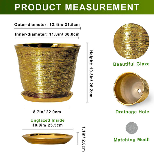 SUNPOTFOR Ceramic Pots for Plants - 12 Inch Planter for Indoor Outdoor, Round Plant Pot with Drainage Hole and Saucer, Decorative Large Planter, Modern Flower Pots, House Decor, Garden Gifts, Gold