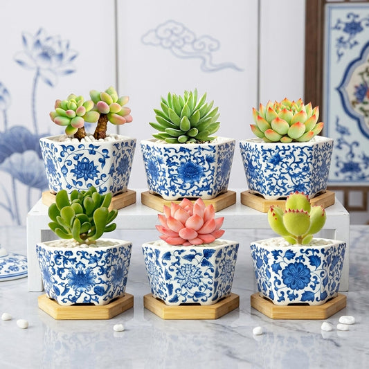 Succulent Pots, 3.7" Small Plant Pots with Drainage Tray, 6 Pack Small Planters for Indoor Plants, Ceramic Flower Pots for Cactus, Mini Succulents, Home Decor, Vintage Blue