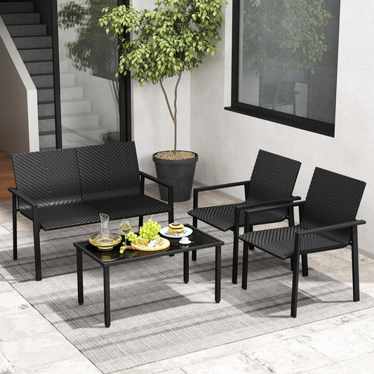 HAPPYGRILL 4 Pieces Wicker Patio Conversation Set with Coffee Table, PE Rattan Chairs with Galvanized Metal Frame, Outdoor Table and Chairs Set for Small Space, Balcony, Poolside, Backyard (Black)