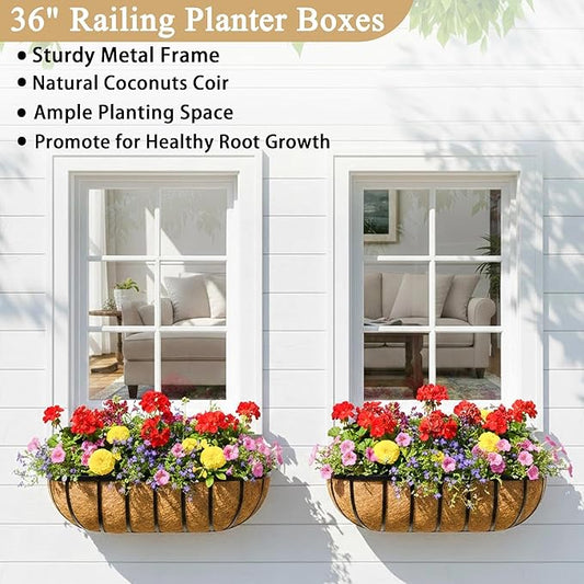 Window Box Railing Planter with Coco Liner 2 Pack 36 Inch Metal Hanging Flower Planter Deck Railing Planters Boxes for Balcony Outdoor Plants Fence Porch Patio