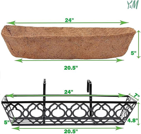 Y&M 24" Window Boxes Horse Trough with Coconut Coir Liner, 2pcs 24 Inch Window Deck with Coco Liner, Black Metal Hanging Flower Planter Window Basket Deck Railing Planter Boxes for Outdoor Indoor Lawn