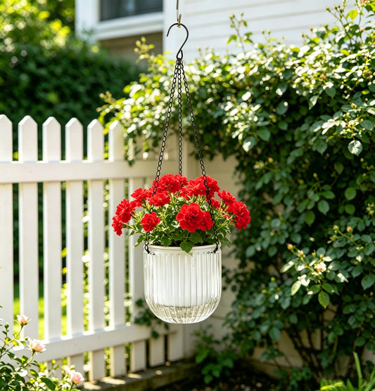 Melphoe 2 Pack Self Watering Hanging Planters Indoor Flower Pots, 5.3/8.3 Inch Outdoor Hanging Basket, Plant Hanger with 3Hooks Drainage Holes for Garden Home (White)