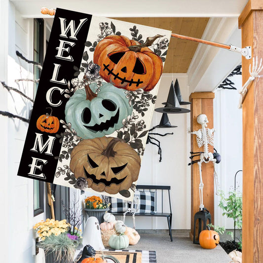 Baccessor Halloween House Flag 28 x 40 Inch Double Sided,Spooky Pumpkin Welcome Ghost Burlap Large Garden Flag Farmhouse Holiday Porch Patio Outdoor Outside Decoration