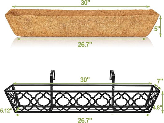 Y&M 30 Inch Window Deck with Coco Liner, Fence Metal Hanging Flower Planter Window Basket Deck Railing Planter Boxes for Outdoor Garden Lawn,6pcs