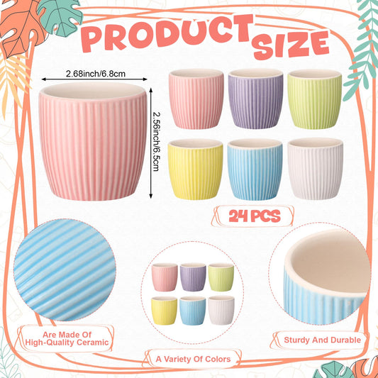 Ferrochef 24 Pcs 2.7 Inch Small Succulent Plant Ceramic Pot with Drainage Hole, Cute Mini Succulent Pots for Plants, Succulents, Cactus, DIY Easter Spring Craft Activity, 6 Colors(Vertical Stripes)