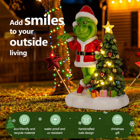 YDKOJGW Green Monster Solar Garden Statue with Christmas Tree and 6 LED Lights - Outdoor Figurine - Glossy Resin - Waterproof - Spot Clean - Christmas Decor