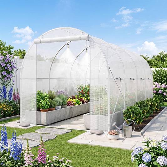 Giantex 15 x 7 x 7 ft Walk-in Tunnel Greenhouse with Watering System, White