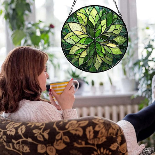 HWRHTR Stained Glass Window Hanging - Green Gradient Flowers Suncatcher for Doors Window Home Plant Sun Catchers Decor Christmas Mother's Day Birthday Gifts for Teacher Women Men Mom Nana 11.8 in