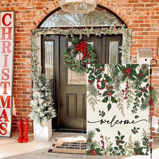 Baccessor Christmas Garden Flag 12x18 Inch Double Sided,Holly Red Berries Poinsettia Floral Welcome Winter Flag Farmhouse Vintage Outside Outdoor Yard Holiday Yard Decoration