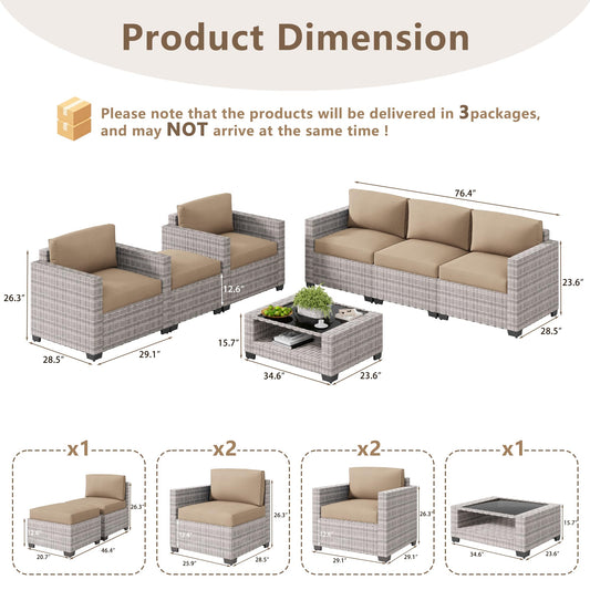 LOUVIXA 7 Piece Outdoor Patio Furniture Set, Rattan Chairs Glass Table Wicker Conversation Seating Sectional Sofa with Cushions (Grey White-Camel, 7Pcs-2 Layer Coffee Table)