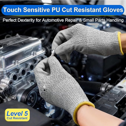 Dowellife 12 Pairs Level 5 Cut Resistant Work Gloves for Men and Women, PU Coated Breathable Gardening Gloves, Thin Flexible and Firm Grip for Mechanics and Fishing (Small, Grey)