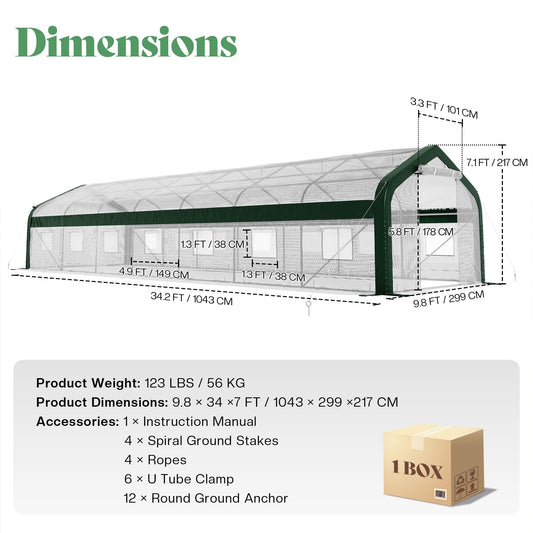 AMERLIFE 34x10x7 FT Walk-in Tunnel Greenhouse Cover (Frame NOT Included)