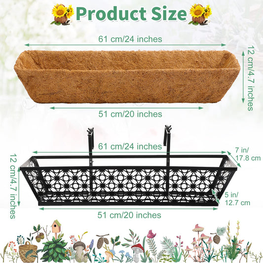 Potchen 4 Pieces Railing Planter Boxes, 24 Inches Window Box Planters with Coco Liner and Adjustable Brackets for Deck Porch Fence Patio Balcony Gardening Outdoor Plants