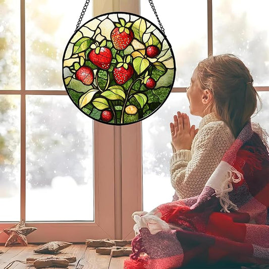 HWRHTR Stained Glass Window Hanging - Red Strawberry Suncatcher for Doors Window Home Green Plant Sun Catchers Decor Christmas Mother's Day Birthday Gifts for Teacher Women Men Mom Nana 9.8 in