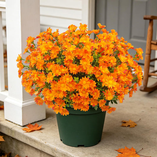 FOUSUKA 16 Bundles Artificial Mums for Outdoors Fake Fall Flowers UV Resistant Faux Silk Daisy Plastic Greenery Plants Bulk for Home Outside Porch Garden Balcony Planter Pots Autumn Decor(Fall Orange)