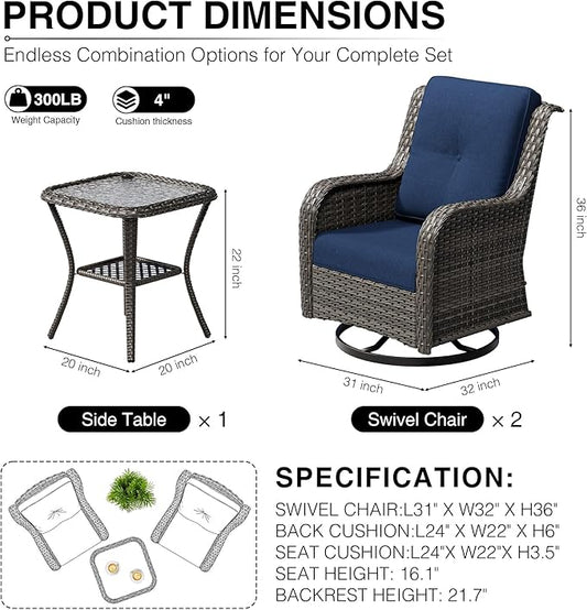 Joyside 3 Piece Wicker Patio Furniture Set, Outdoor Swivel Rocker Patio Chairs with High Back, Deep Seating, Wide Armrest, Thickened Cushions, Outdoor Furniture for Deck, Porch Use
