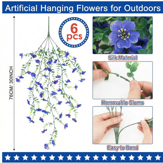 FineCheer 6 Pcs Patriotic Artificial Hanging Flower Outdoor, Red Blue White